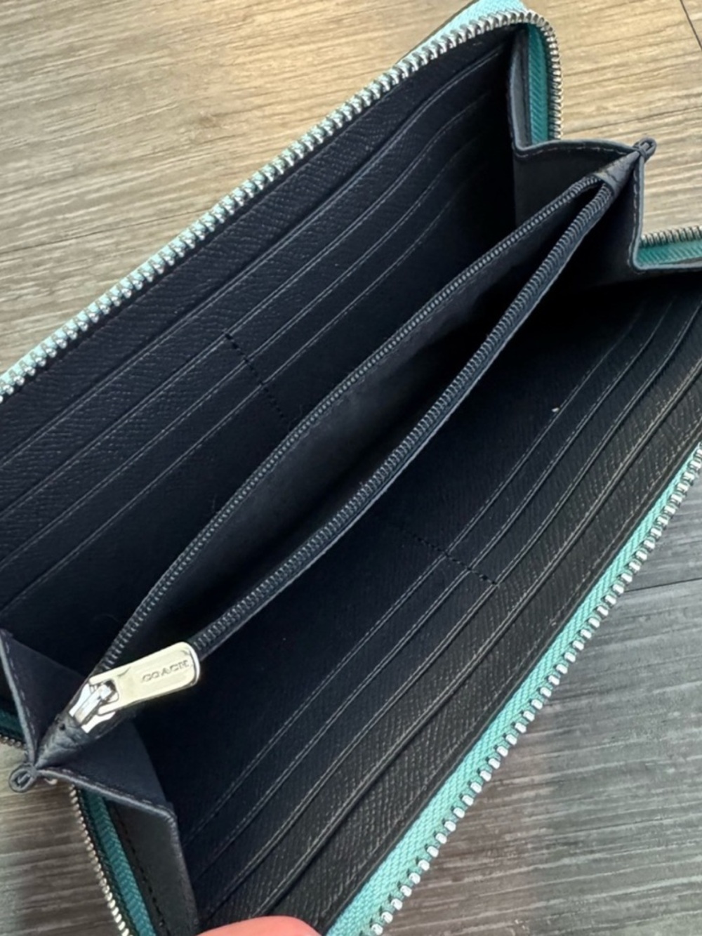 Coach Accordion Metallic Teal Zip Wallet with Gold Logo - Picture 2 of 6